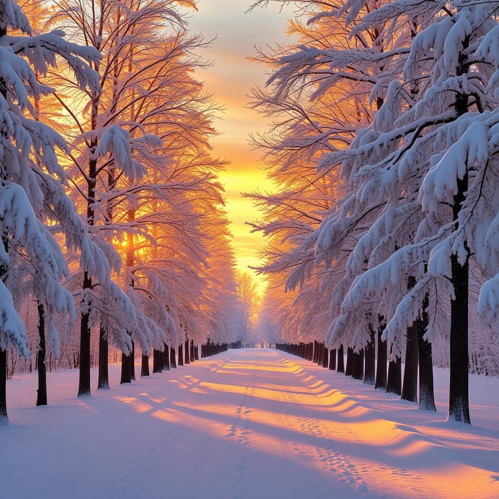 A serene pathway lined with tall trees, their branches heavy with thick layers of white snow, creating a magical winter wonderland