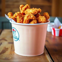 A bucket filled with crispy, golden fried chicken, prominently featuring the logo and name 'American Fried Chicken' on the side