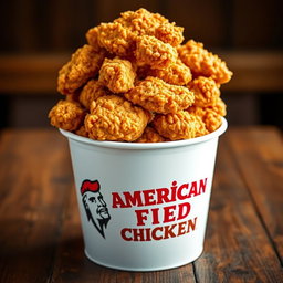 A bucket filled with crispy, golden fried chicken, prominently featuring the logo and name 'American Fried Chicken' on the side