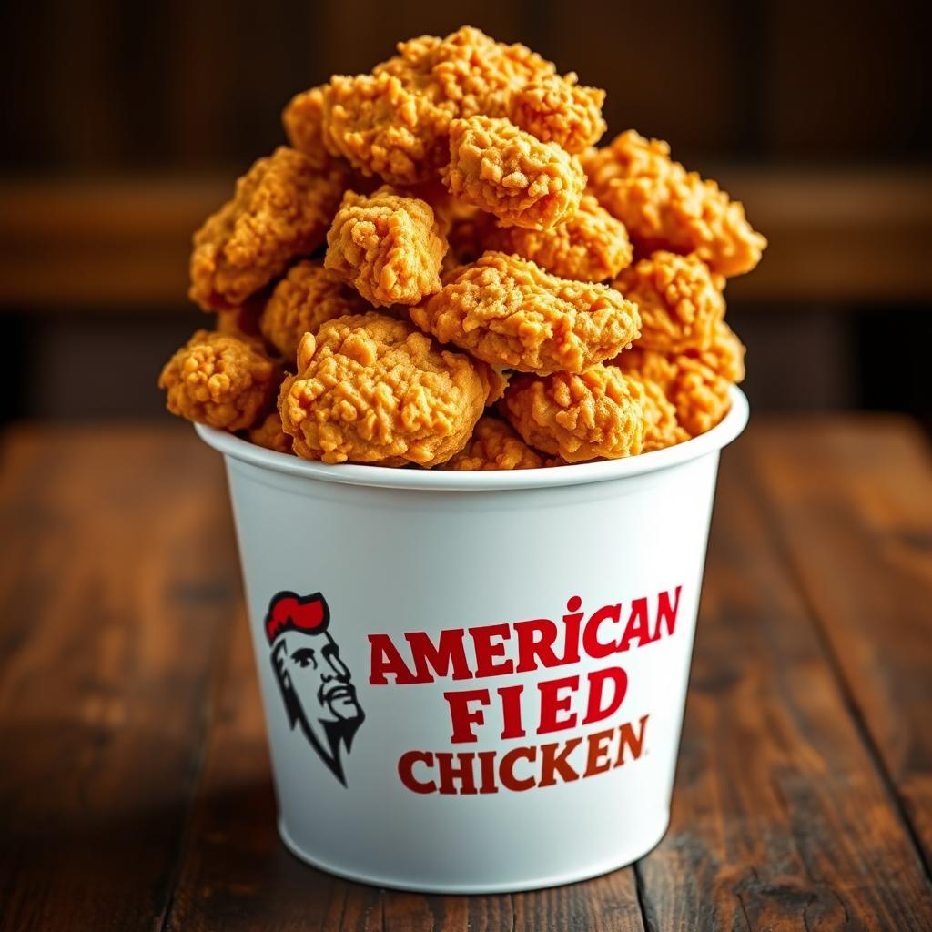 A bucket filled with crispy, golden fried chicken, prominently featuring the logo and name 'American Fried Chicken' on the side