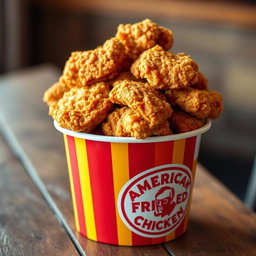 A bucket filled with crispy, golden fried chicken, prominently featuring the logo and name 'American Fried Chicken' on the side