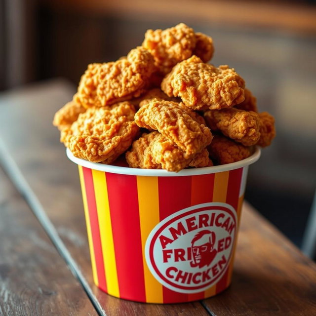 A bucket filled with crispy, golden fried chicken, prominently featuring the logo and name 'American Fried Chicken' on the side