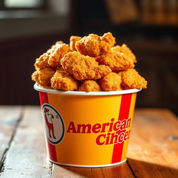 A bucket filled with crispy, golden fried chicken, prominently featuring the logo and name 'American Fried Chicken' on the side