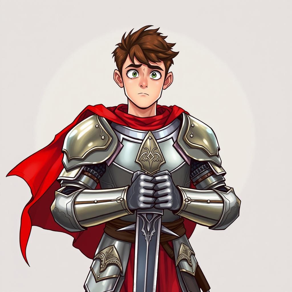 A confused-looking young man clad in shining knight's armor, complete with ornate detailing that reflects his status as a warrior