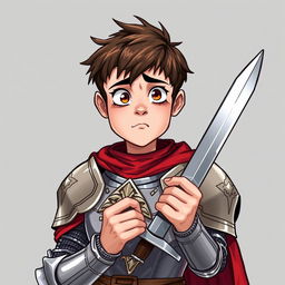 A confused-looking young man clad in shining knight's armor, complete with ornate detailing that reflects his status as a warrior