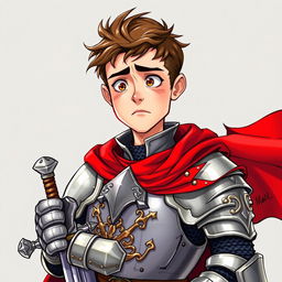 A confused-looking young man clad in shining knight's armor, complete with ornate detailing that reflects his status as a warrior