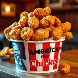 A bucket overflowing with crispy, golden fried chicken, showcasing the logo and name 'American Fried Chicken' boldly displayed on the side