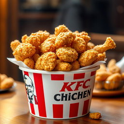 A bucket overflowing with crispy, golden fried chicken, showcasing the logo and name 'American Fried Chicken' boldly displayed on the side