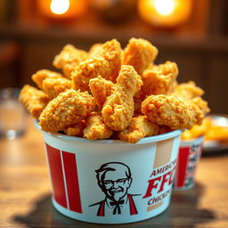 A bucket overflowing with crispy, golden fried chicken, showcasing the logo and name 'American Fried Chicken' boldly displayed on the side
