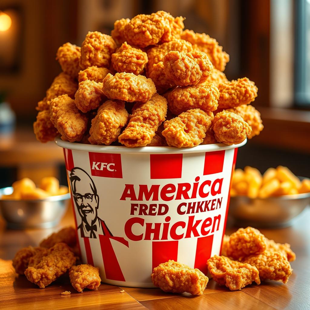 A bucket overflowing with crispy, golden fried chicken, showcasing the logo and name 'American Fried Chicken' boldly displayed on the side