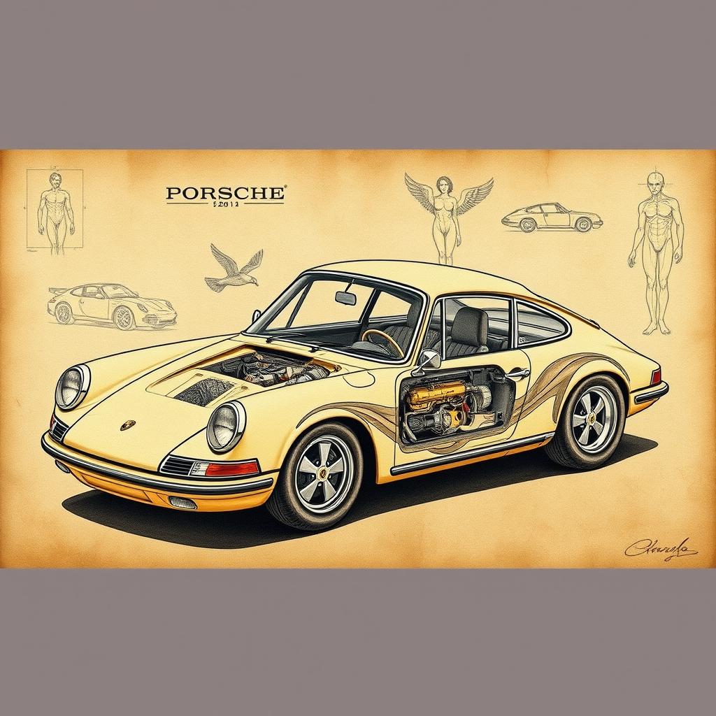 A classic Porsche 911 featuring intricate details and a flowing design, illustrated in the style of Leonardo da Vinci