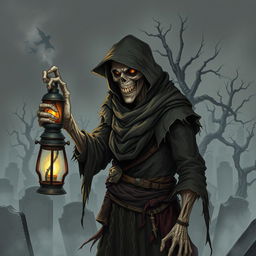 A creepy cemetery keeper, dressed in tattered, dark clothing that blends into the gloomy atmosphere of a graveyard