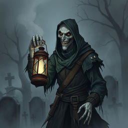 A creepy cemetery keeper, dressed in tattered, dark clothing that blends into the gloomy atmosphere of a graveyard