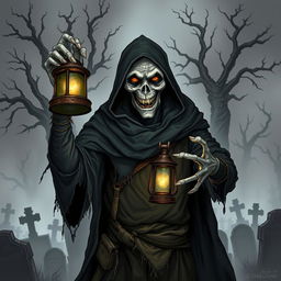 A creepy cemetery keeper, dressed in tattered, dark clothing that blends into the gloomy atmosphere of a graveyard