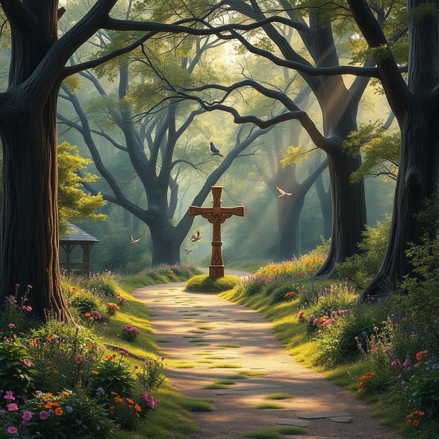 A captivating scene of a winding pathway through a serene forest, adorned with vibrant greenery and colorful wildflowers