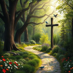A captivating scene of a winding pathway through a serene forest, adorned with vibrant greenery and colorful wildflowers