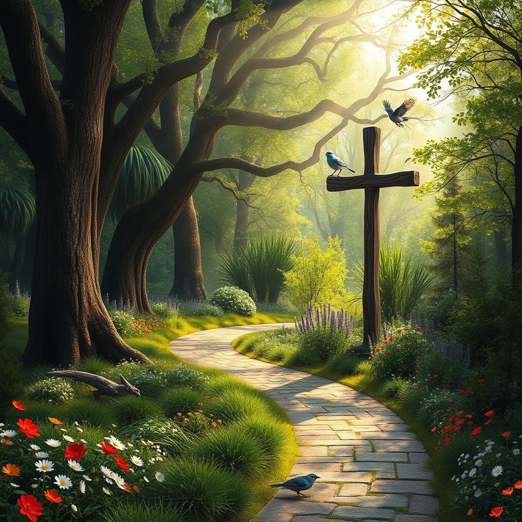 A captivating scene of a winding pathway through a serene forest, adorned with vibrant greenery and colorful wildflowers