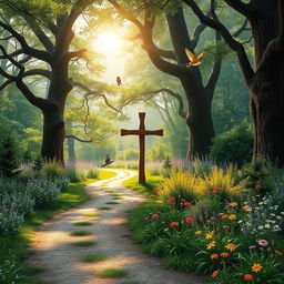 A captivating scene of a winding pathway through a serene forest, adorned with vibrant greenery and colorful wildflowers