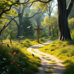 A captivating scene of a winding pathway through a serene forest, adorned with vibrant greenery and colorful wildflowers