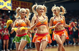 A vibrant scene showcasing three cheerleaders at a pep rally, dancing energetically with impeccable faces and pale bodies