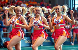 A vibrant scene showcasing three cheerleaders at a pep rally, dancing energetically with impeccable faces and pale bodies