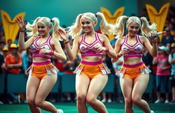 A vibrant scene showcasing three cheerleaders at a pep rally, dancing energetically with impeccable faces and pale bodies