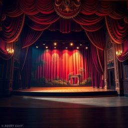 A beautifully designed theatre stage, featuring rich, red velvet curtains, ornate golden trims, and intricate floral decorations