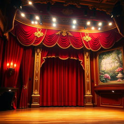 A beautifully designed theatre stage, featuring rich, red velvet curtains, ornate golden trims, and intricate floral decorations