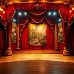 A beautifully designed theatre stage, featuring rich, red velvet curtains, ornate golden trims, and intricate floral decorations