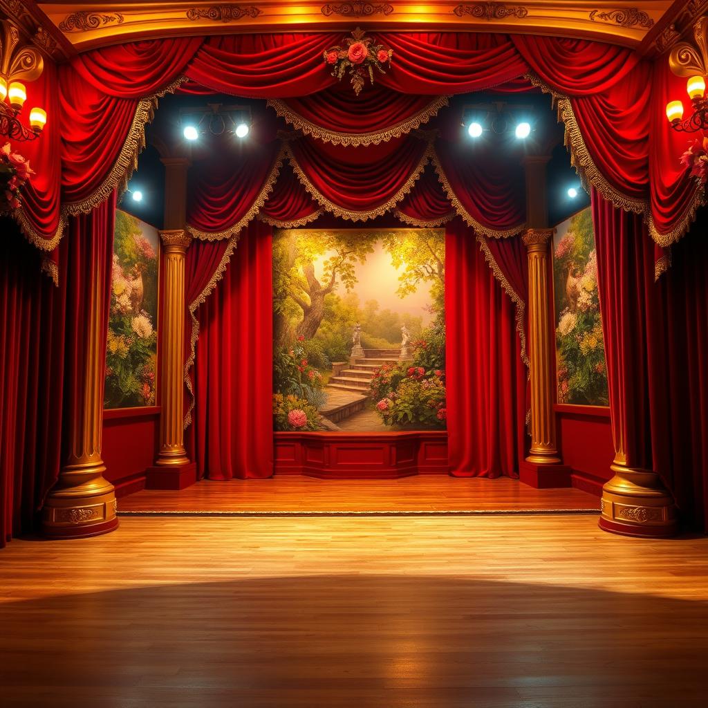 A beautifully designed theatre stage, featuring rich, red velvet curtains, ornate golden trims, and intricate floral decorations