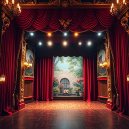 A beautifully designed theatre stage, featuring rich, red velvet curtains, ornate golden trims, and intricate floral decorations
