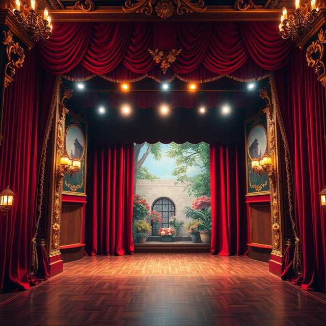 A beautifully designed theatre stage, featuring rich, red velvet curtains, ornate golden trims, and intricate floral decorations