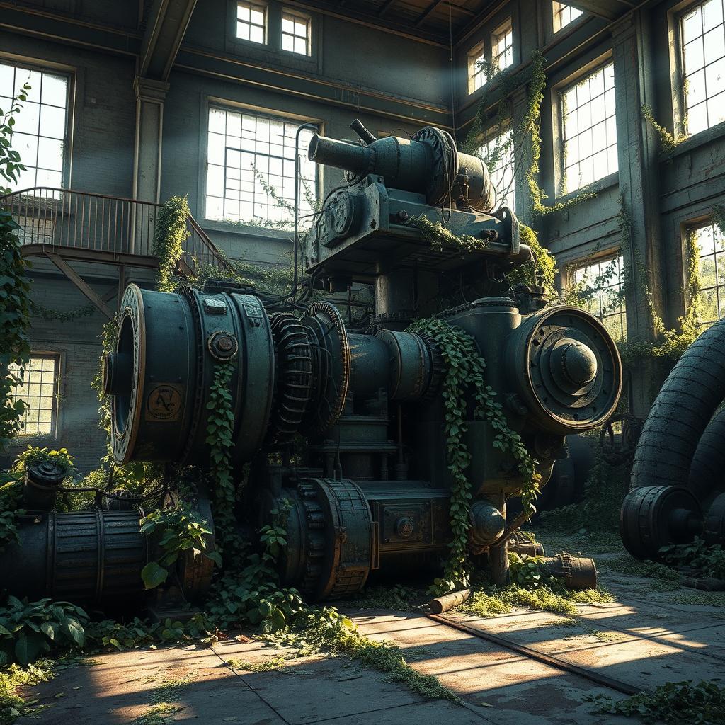 An artistic representation of a large, impressive machine in an abandoned and overgrown factory setting