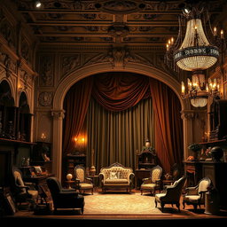 A stunning theatre stage set design, featuring an elaborate Victorian-style backdrop with intricate architectural details, including arches and scrollwork