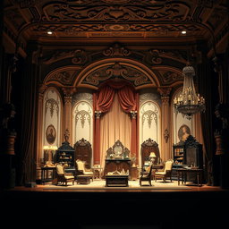 A stunning theatre stage set design, featuring an elaborate Victorian-style backdrop with intricate architectural details, including arches and scrollwork