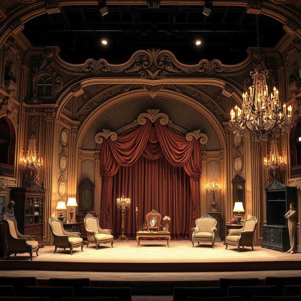 A stunning theatre stage set design, featuring an elaborate Victorian-style backdrop with intricate architectural details, including arches and scrollwork