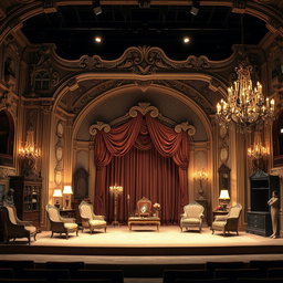 A stunning theatre stage set design, featuring an elaborate Victorian-style backdrop with intricate architectural details, including arches and scrollwork
