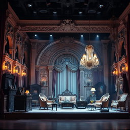 A stunning theatre stage set design, featuring an elaborate Victorian-style backdrop with intricate architectural details, including arches and scrollwork