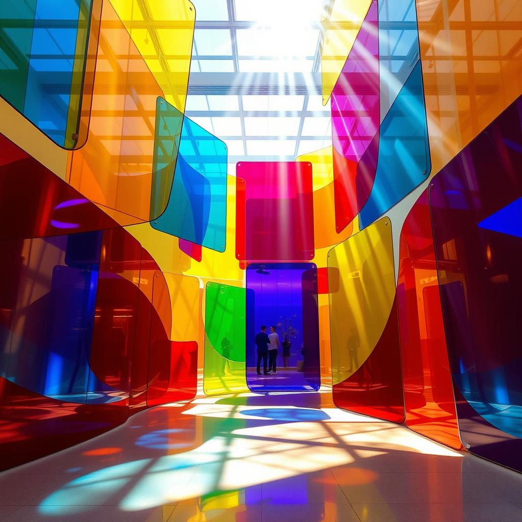 A captivating plexiglass colorful installation featuring large, vibrant panels arranged in an artistic display