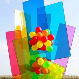 A vibrant plexiglass colorful installation adorned with a cluster of colorful balloons