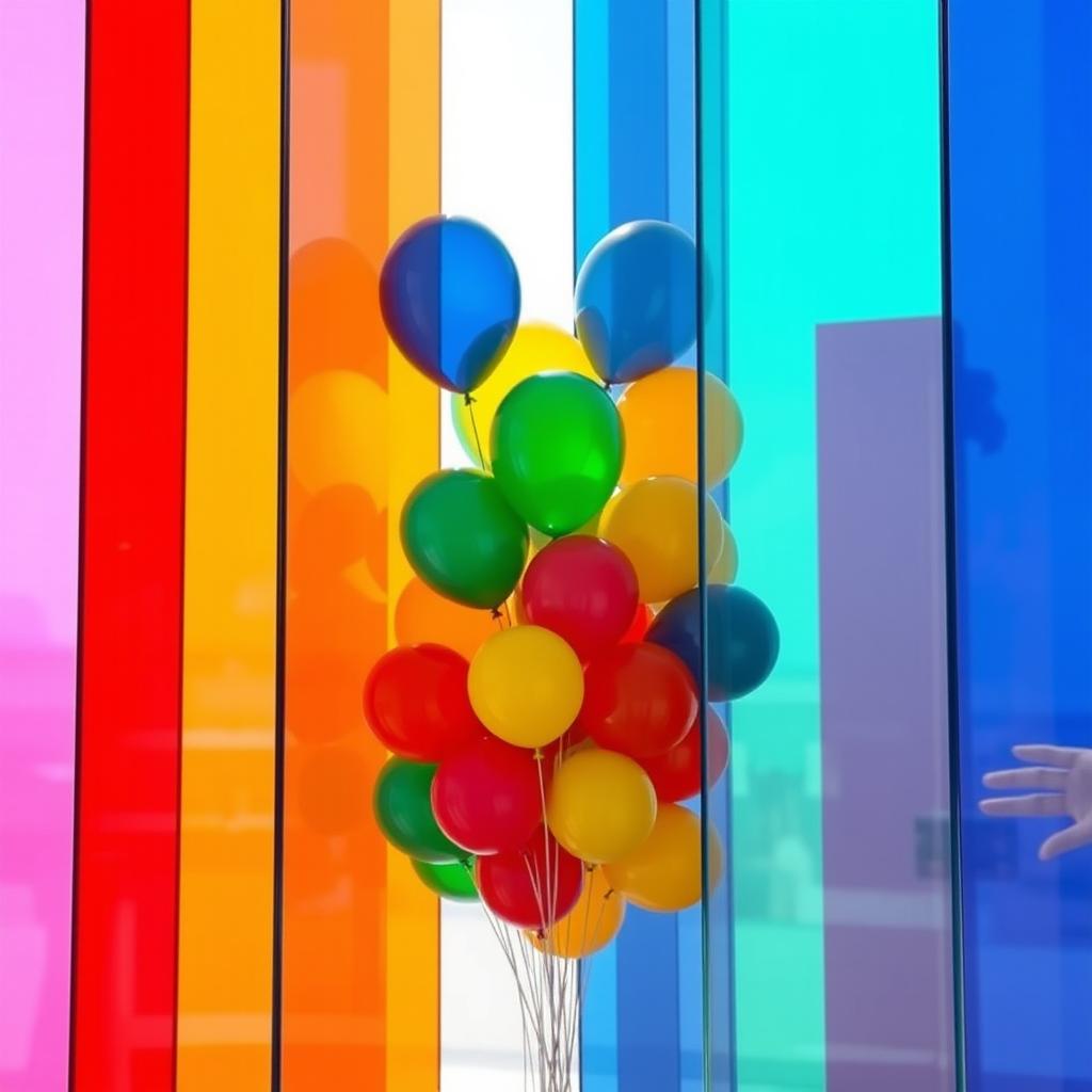 A vibrant plexiglass colorful installation adorned with a cluster of colorful balloons