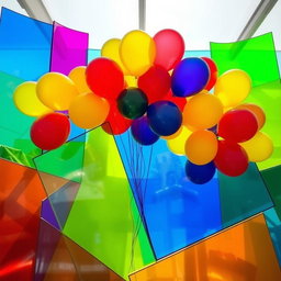 A vibrant plexiglass colorful installation adorned with a cluster of colorful balloons