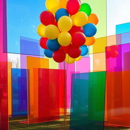 A vibrant plexiglass colorful installation adorned with a cluster of colorful balloons