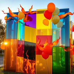 An eye-catching plexiglass colorful installation featuring a dynamic display of vibrant panels in bright hues such as electric blue, sunny yellow, fiery red, and lush green
