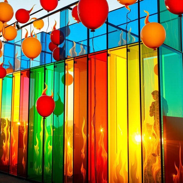 An eye-catching plexiglass colorful installation featuring a dynamic display of vibrant panels in bright hues such as electric blue, sunny yellow, fiery red, and lush green