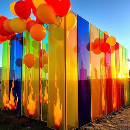 An eye-catching plexiglass colorful installation featuring a dynamic display of vibrant panels in bright hues such as electric blue, sunny yellow, fiery red, and lush green