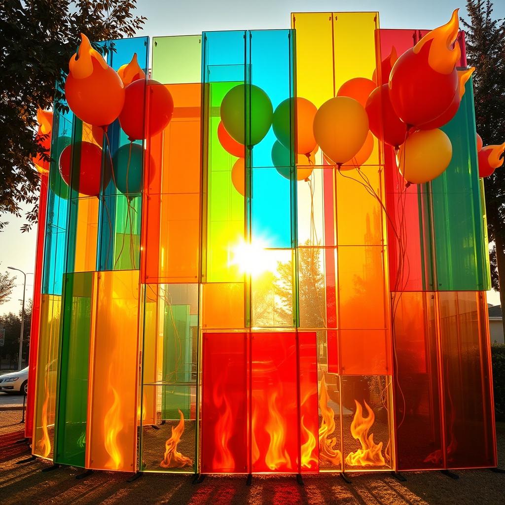 An eye-catching plexiglass colorful installation featuring a dynamic display of vibrant panels in bright hues such as electric blue, sunny yellow, fiery red, and lush green