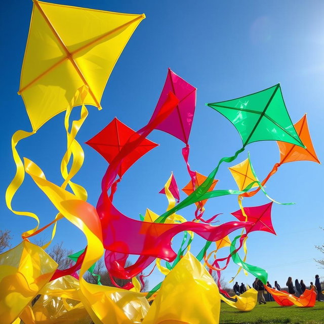 An imaginative plexiglass colorful installation featuring vibrant, oversized kites made from translucent materials