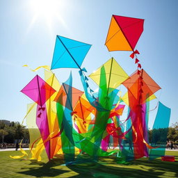An imaginative plexiglass colorful installation featuring vibrant, oversized kites made from translucent materials