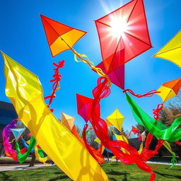 An imaginative plexiglass colorful installation featuring vibrant, oversized kites made from translucent materials